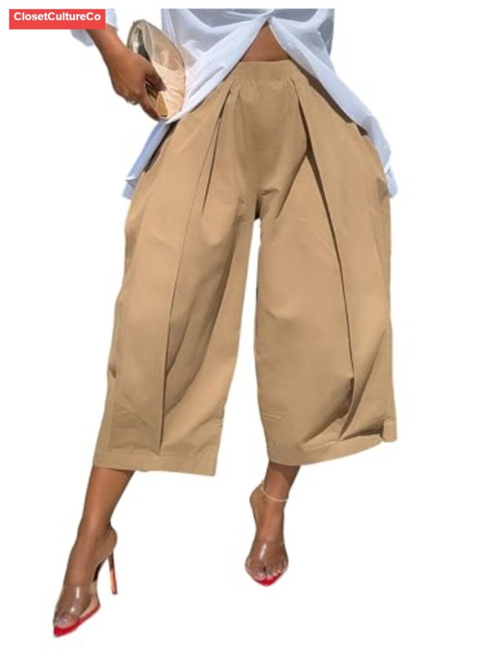 High Waisted Wide Leg Cropped Palazzo Trousers with Pockets Casual